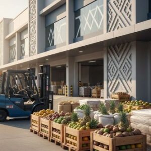 Warehouse exterior with forklifts and crates of produce ready for distribution