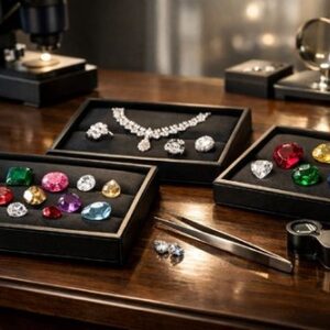 Trays of loose gemstones and a diamond necklace